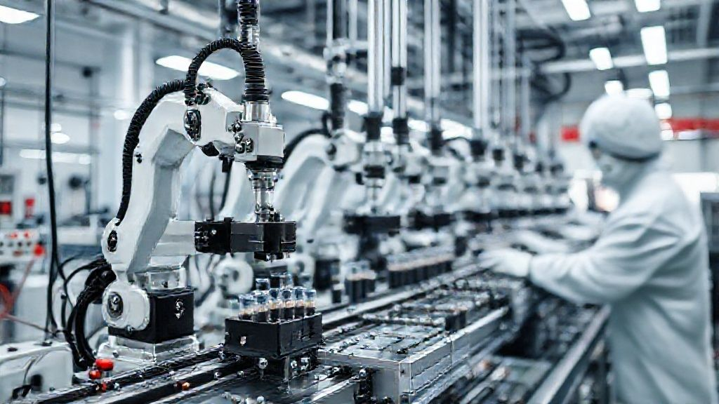 高科技电子烟生产线，机器人进行精密组装和质量检测，无尘车间环境