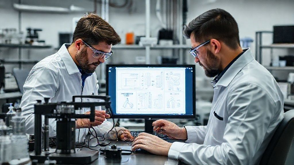 电子烟研发实验室，工程师正在设计新型雾化设备，屏幕显示电路图和3D模型，展现创新与精密